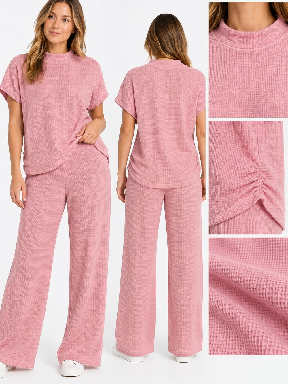 Zenana Pink Waffle Knit 2 Piece Set Top Wide Leg Pants